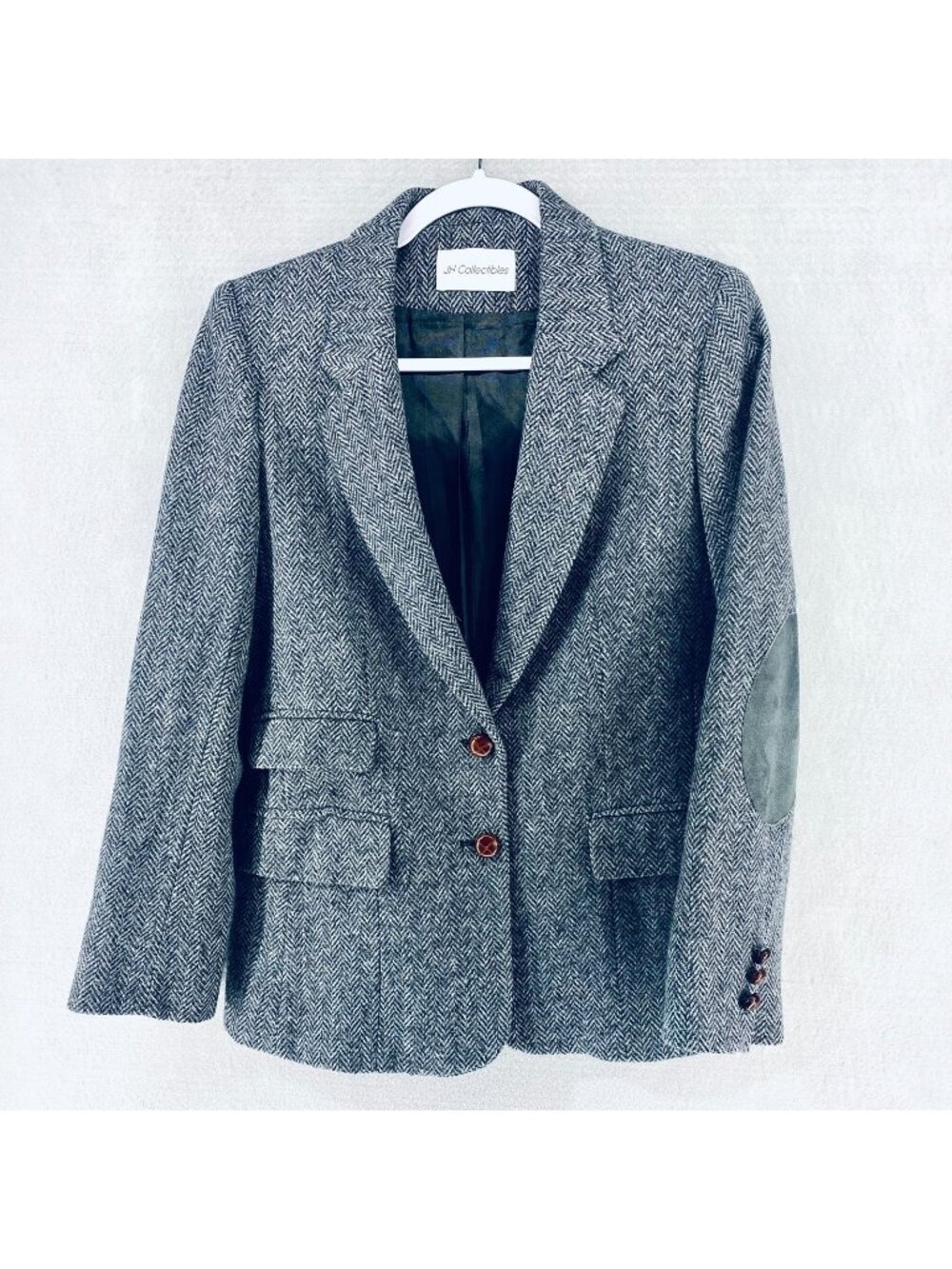 Vintage 90s Tweed Blazer Womens M Gray Wool Blend Herringbone Jacket Elbow Patch